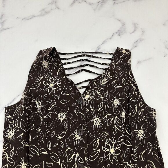 R&K Womens Vintage 90s Maxi Dress Size 14 Brown Cream Floral Button Trim Cottage - Picture 2 of 9